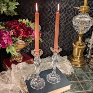 Pair of Vintage 9"H Calliope Clear Lead Crystal Taper Candlestick Holders France